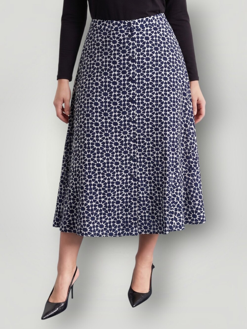 Talbots Petite Navy White Mosaic Print Maxi Skirt 14P Button Front Lined Geometr